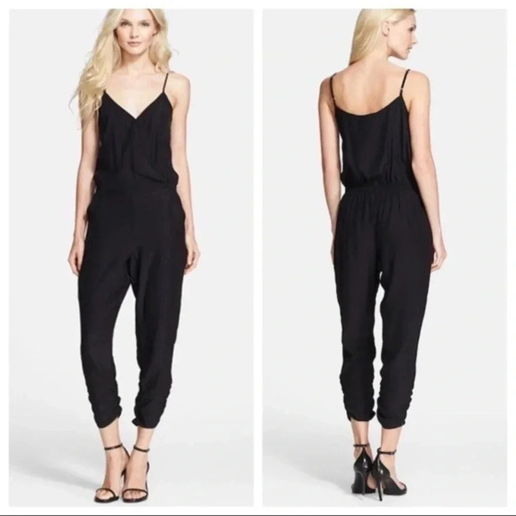 Parker Jumpsuit V Neck Ruched Hem Size XS 100% Silk Black - Picture 1 of 10